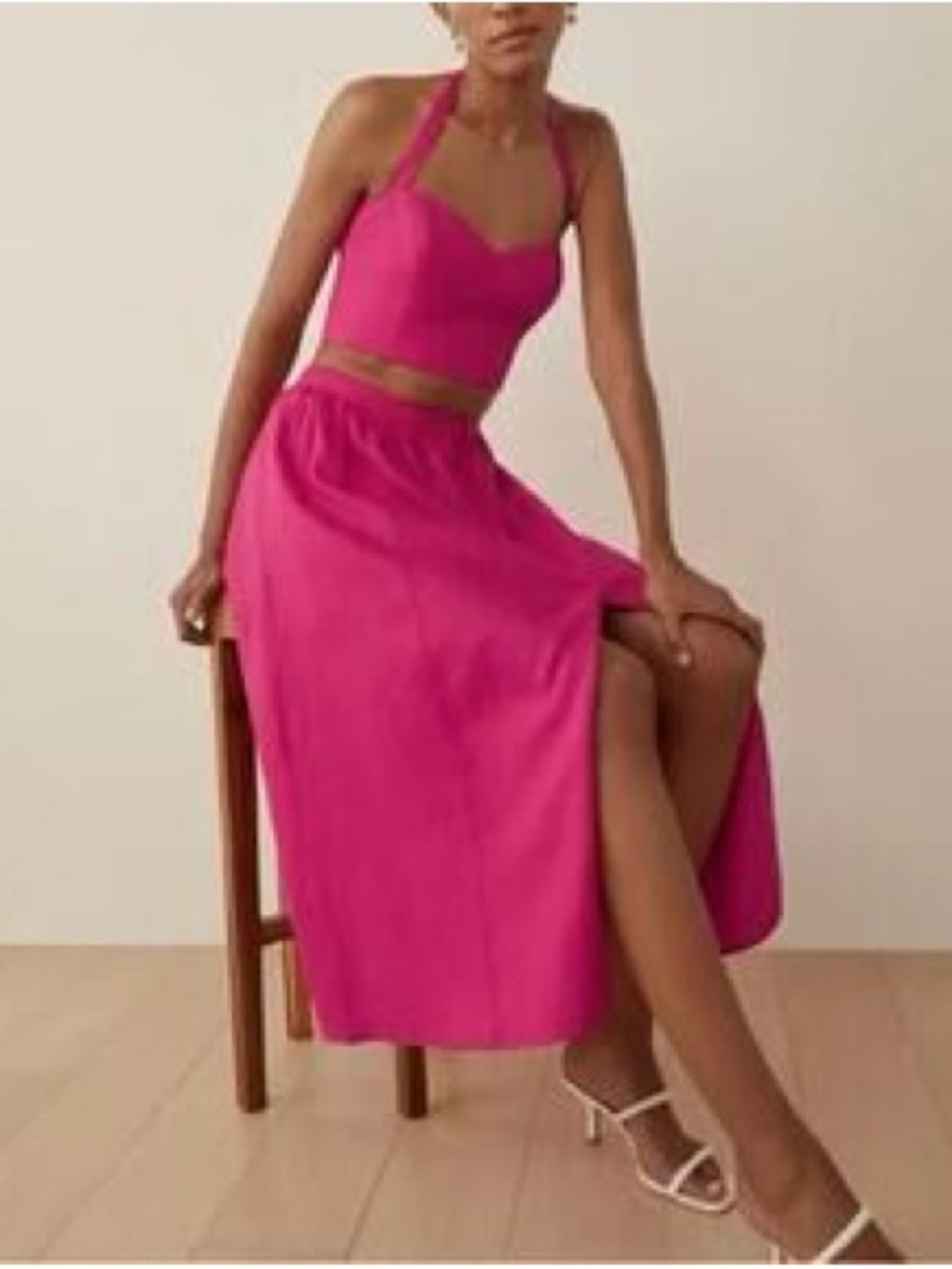 (Reformation) Hot Pink Button-Front Midi Skirt Set - Picture 2 of 9